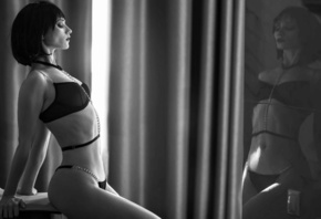 Oxana Gromova, model, ass, monochrome, , lingerie, women indoors, hips, reflection, belly button, women