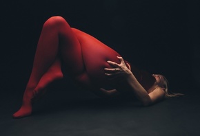 blonde, , studio, ass, red pantyhose, model, on the floor, legs crossed, hips, women indoors