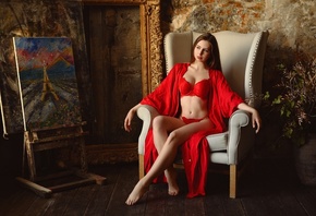 Denis Egorov, red lingerie, model, hips, armchair, women indoors, ,  ...