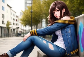 , AI Art, brunette, Stable Diffusion, jeans, denim jacket, trees, to ...