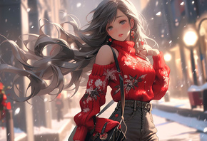 , AI Art, anime girls, snowing, brunette, jeans, long hair, sweater, street, snow, red lipstick
