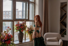 Ilya Miloradov, ass, green lingerie, flowers, redhead, women indoors, green panties, , window, model, hips, by the window, green bra, armchair