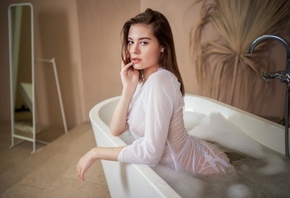 brunette, in bathtub, looking at viewer, , women indoors, model, bathtub, wet clothing