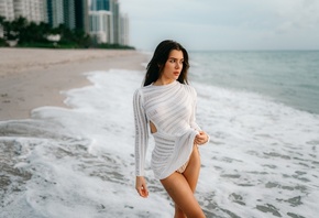 brunette, pose, model, sexy, water, sand, Christina, ocean