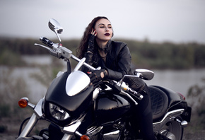 women with motorcycles, motorcycle, brunette, , women outdoors, model, leather jacket, sky, jacket, nature, purple lipstick
