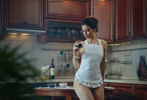 white panties, kitchen, model, women indoors, brunette, �������, flour, naked apron, apron, table, wine, hips, flour covered