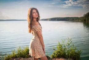Dmitry Shulgin, lake, nature, brunette, , women outdoors, summer dress, sky, model, clouds, water, looking at viewer
