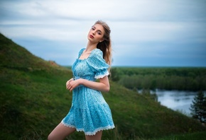 Dmitry Shulgin, model, women outdoors, nature, sky, blonde, clouds, grass, red lipstick, blue dress, summer dress