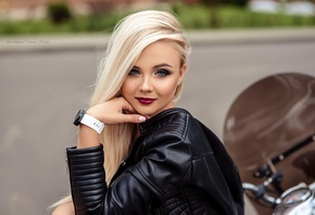 women with motorcycles, blonde, blue eyes, women outdoors, leather jacket,  ...