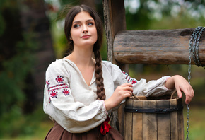 , , ,  , , Girl, Ukrainian, well, wooden bucket, embroidered shirt