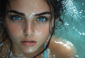 , , ,  , , , AI Art, Girl, Brunette, Eyes, Blue Eyes, Wet, Cutie, AI Art