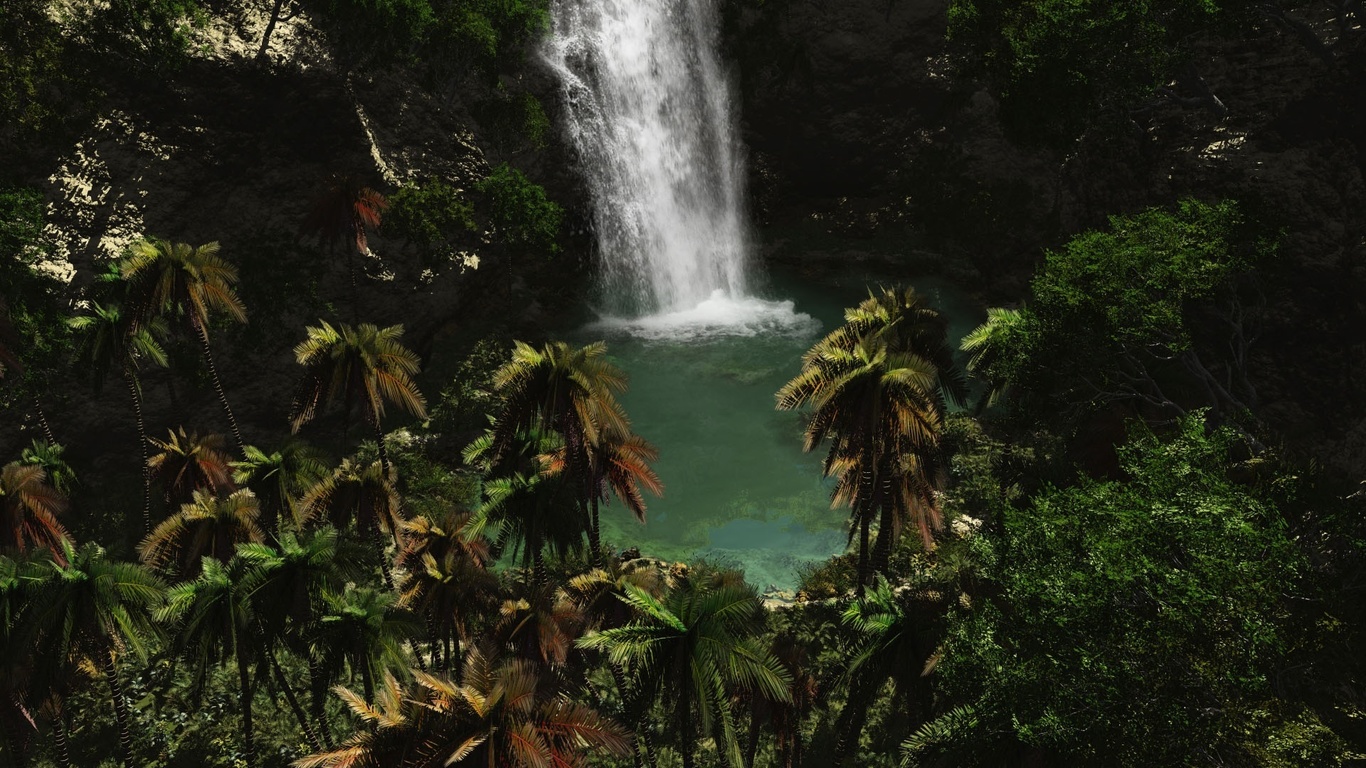 водопад, шум, тропические растения