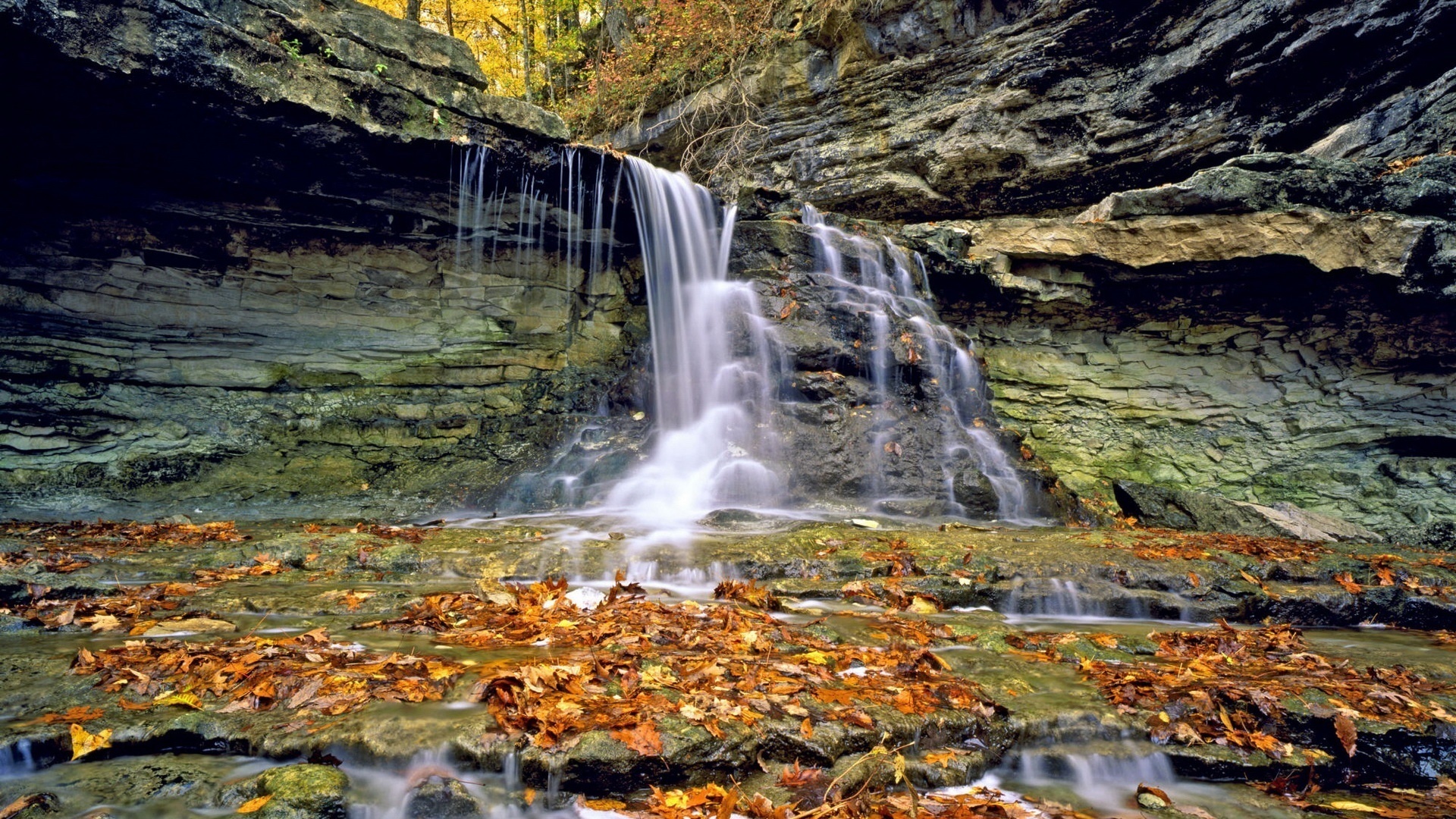 водопад, гора, осенняя листва, желтые точки, природа
