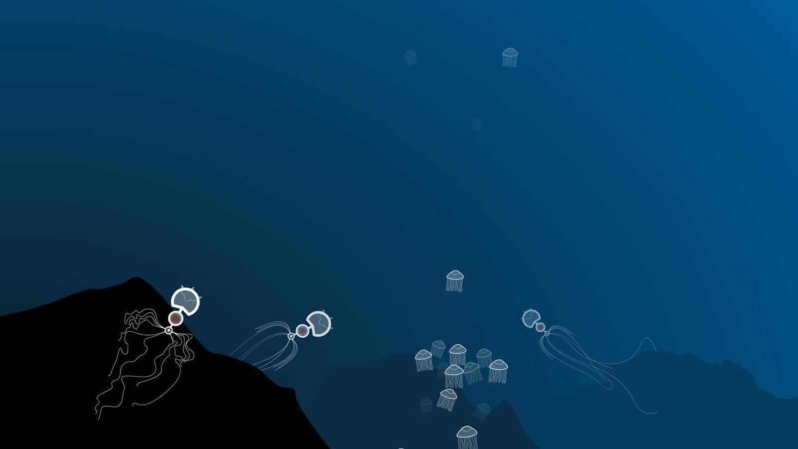 глубина, минимализм, медузы, синий океан, подводные скалы