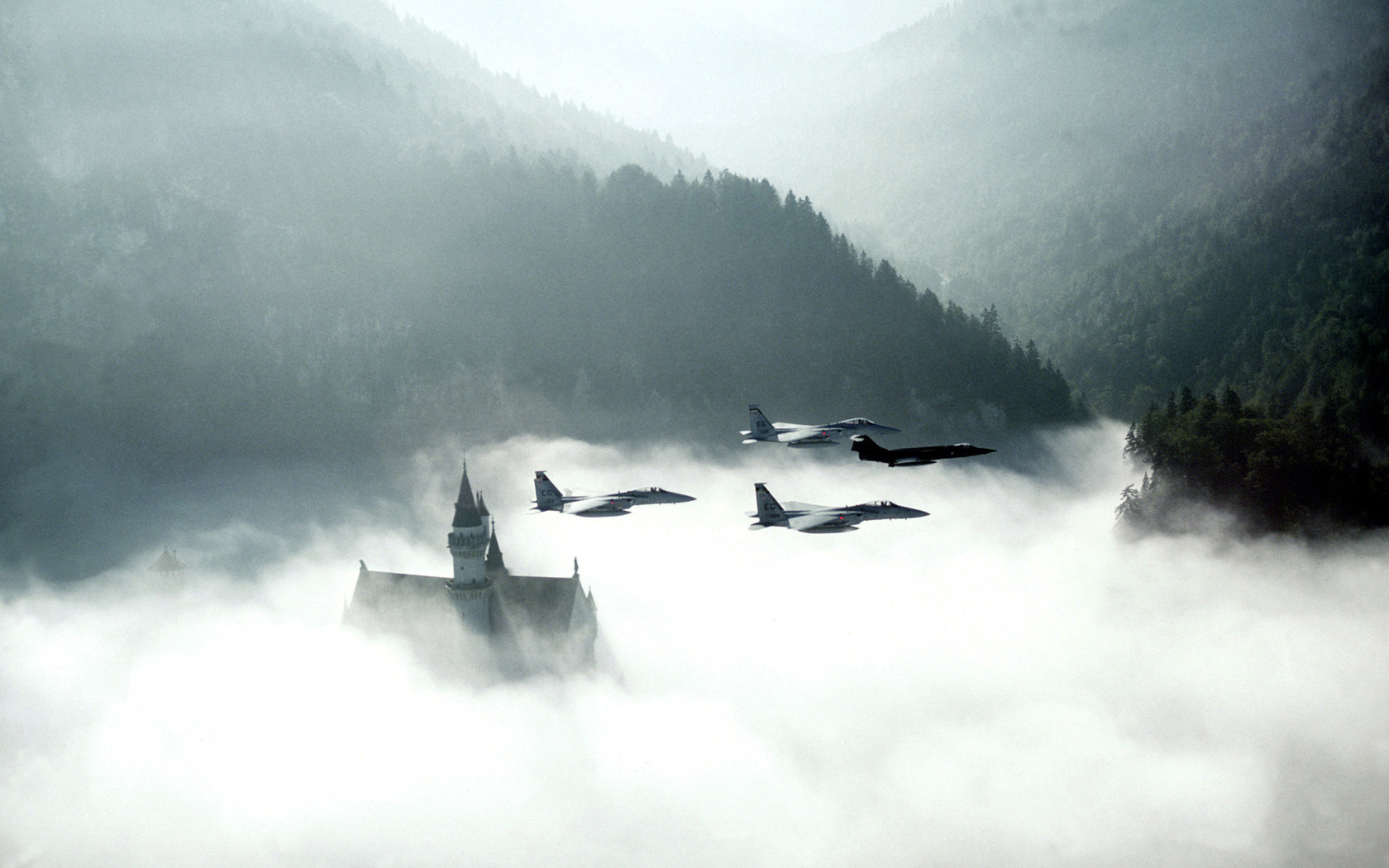 Aircrafts in the sky, morning, smoke, f-15, f-104,  , neuschwanstein, 