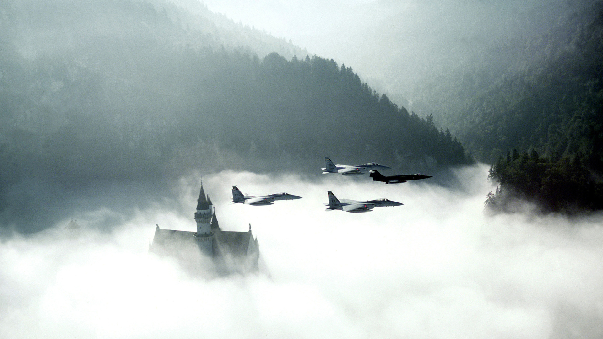 Aircrafts in the sky, morning, smoke, f-15, f-104,  , neuschwanstein, 