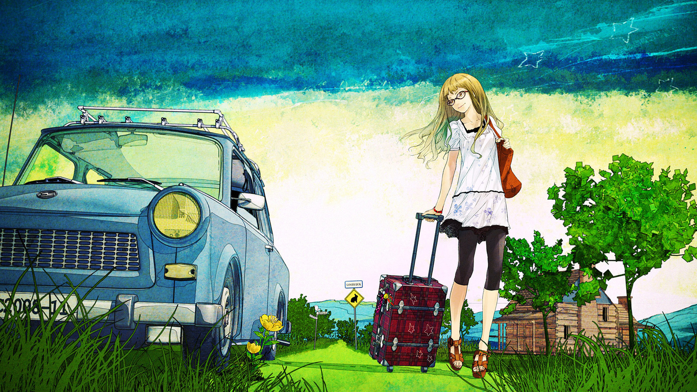 Blonde with suitcase, , , , 