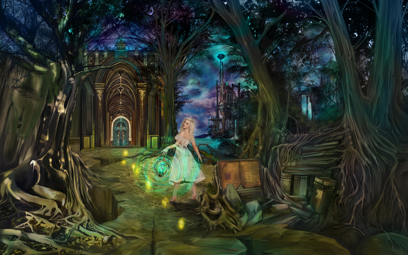 fairytales, fantasy, ancient book, night, wonderland, gates, girl, magic, castle, Dreamkeeper