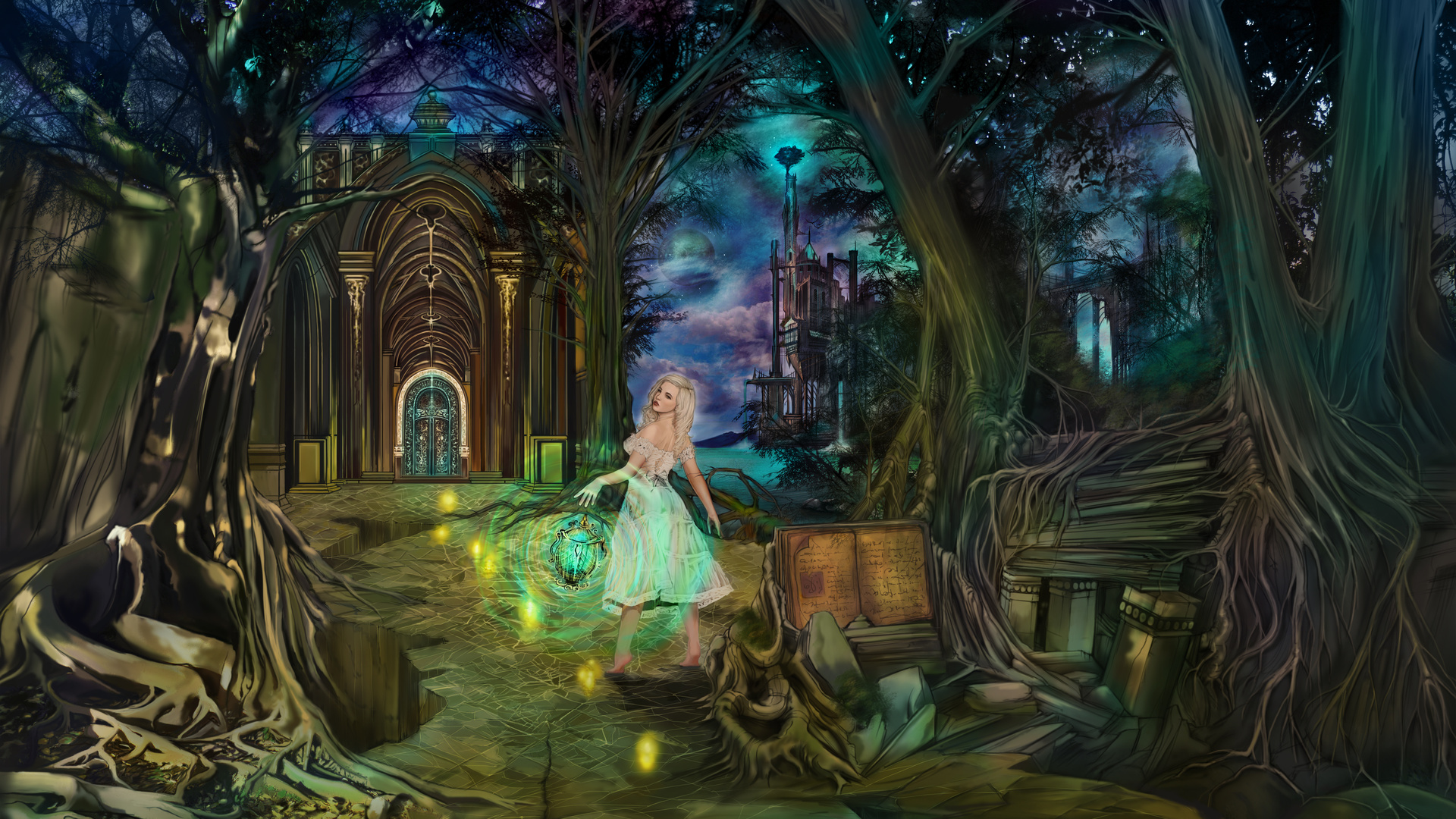 fairytales, fantasy, ancient book, night, wonderland, gates, girl, magic, castle, Dreamkeeper