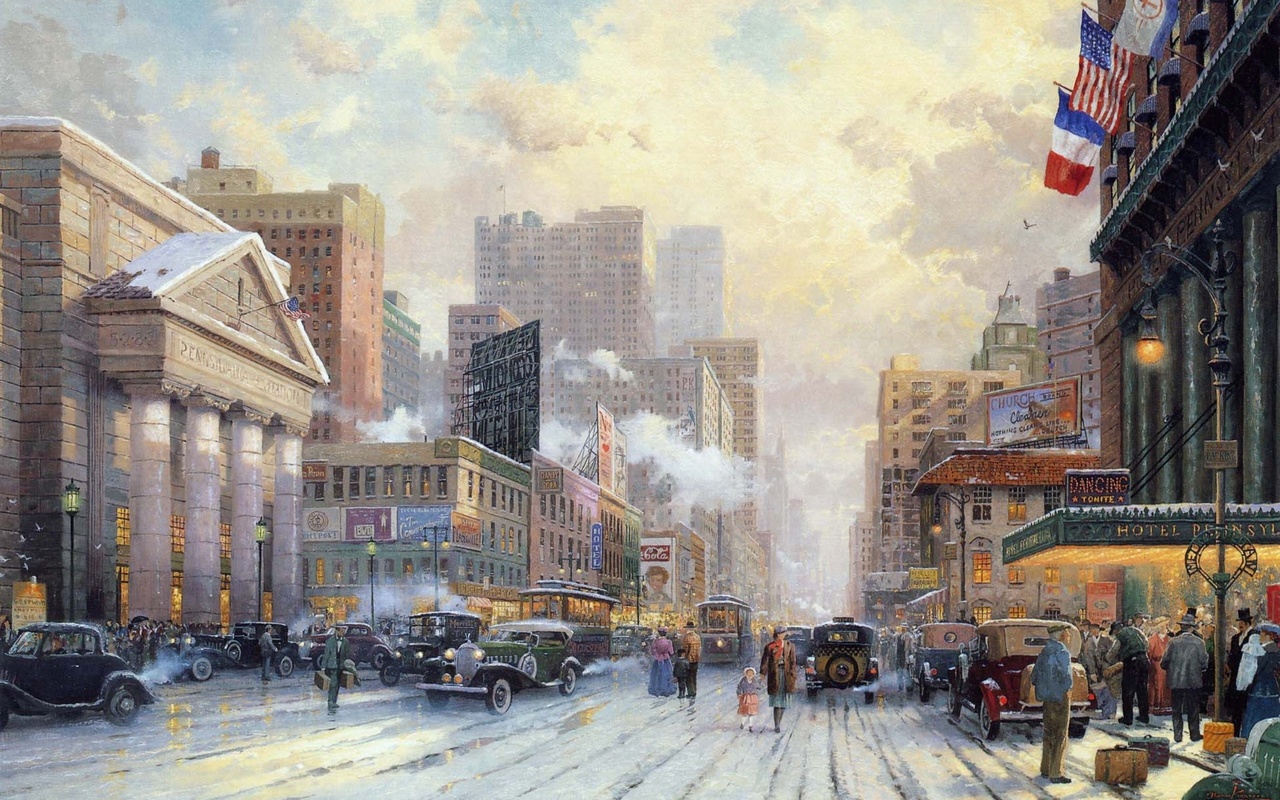 painting, Thomas kinkade, city, winter, street, 1932, art, snow on seventh avenue, snow, new york