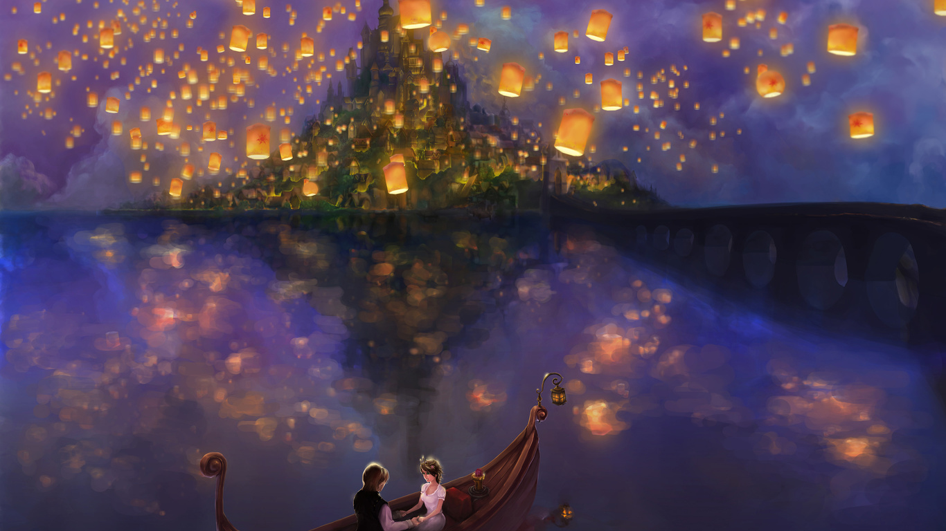 lights, the movie, fanart, princess, boat, Tangled, castle, bridge, rapunzel, lake, flynn, love