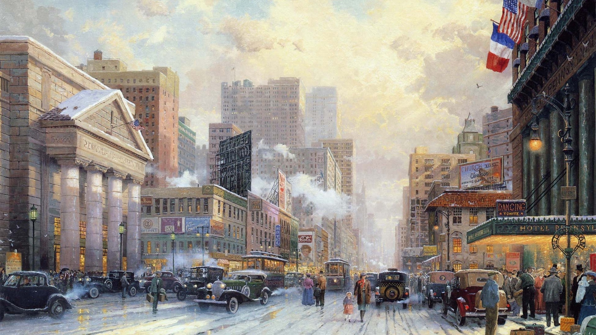 painting, Thomas kinkade, city, winter, street, 1932, art, snow on seventh avenue, snow, new york