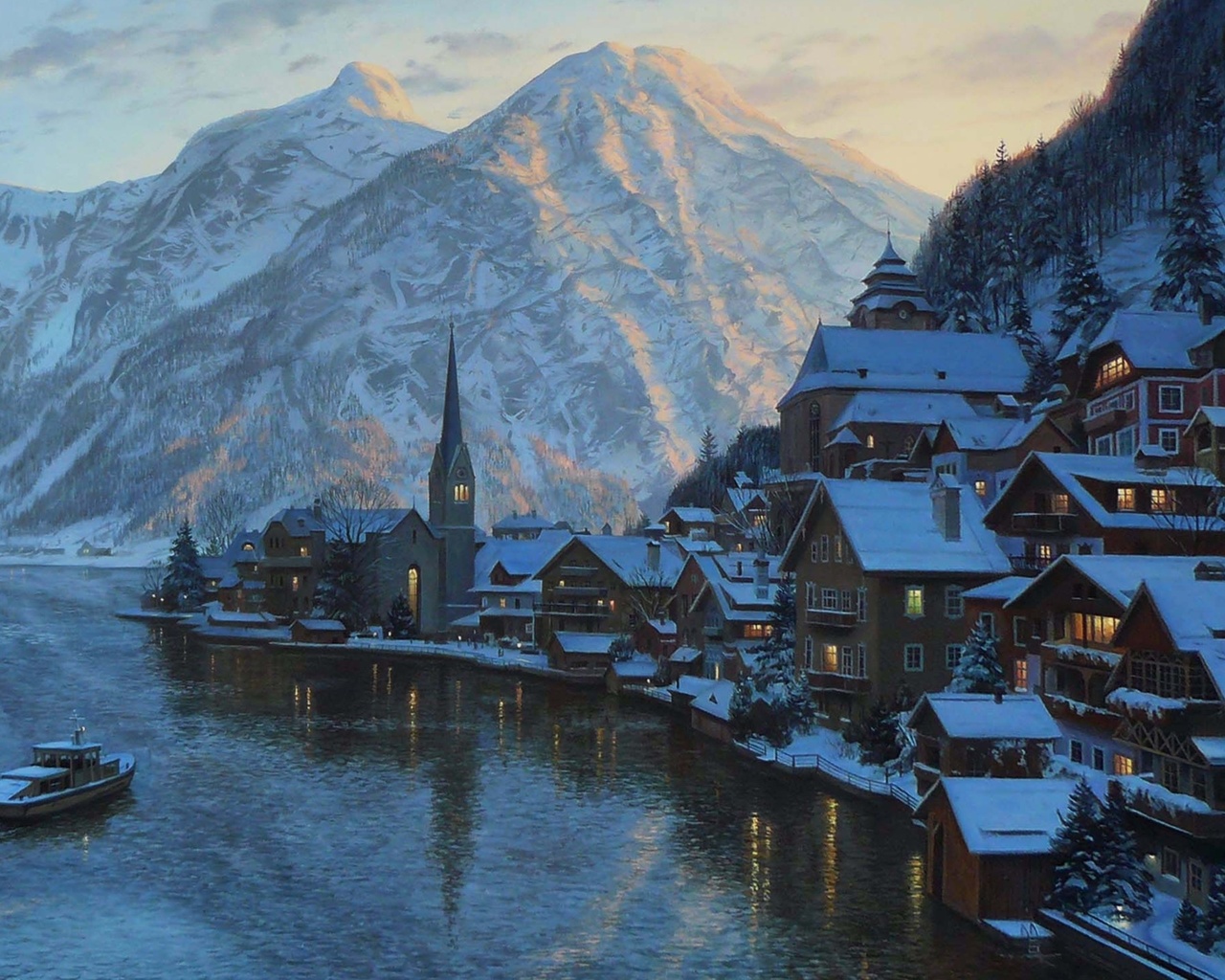 mountain, Eugeny lushpin, lushpin, painting, lake, austria, alps, village, town, hallstatt