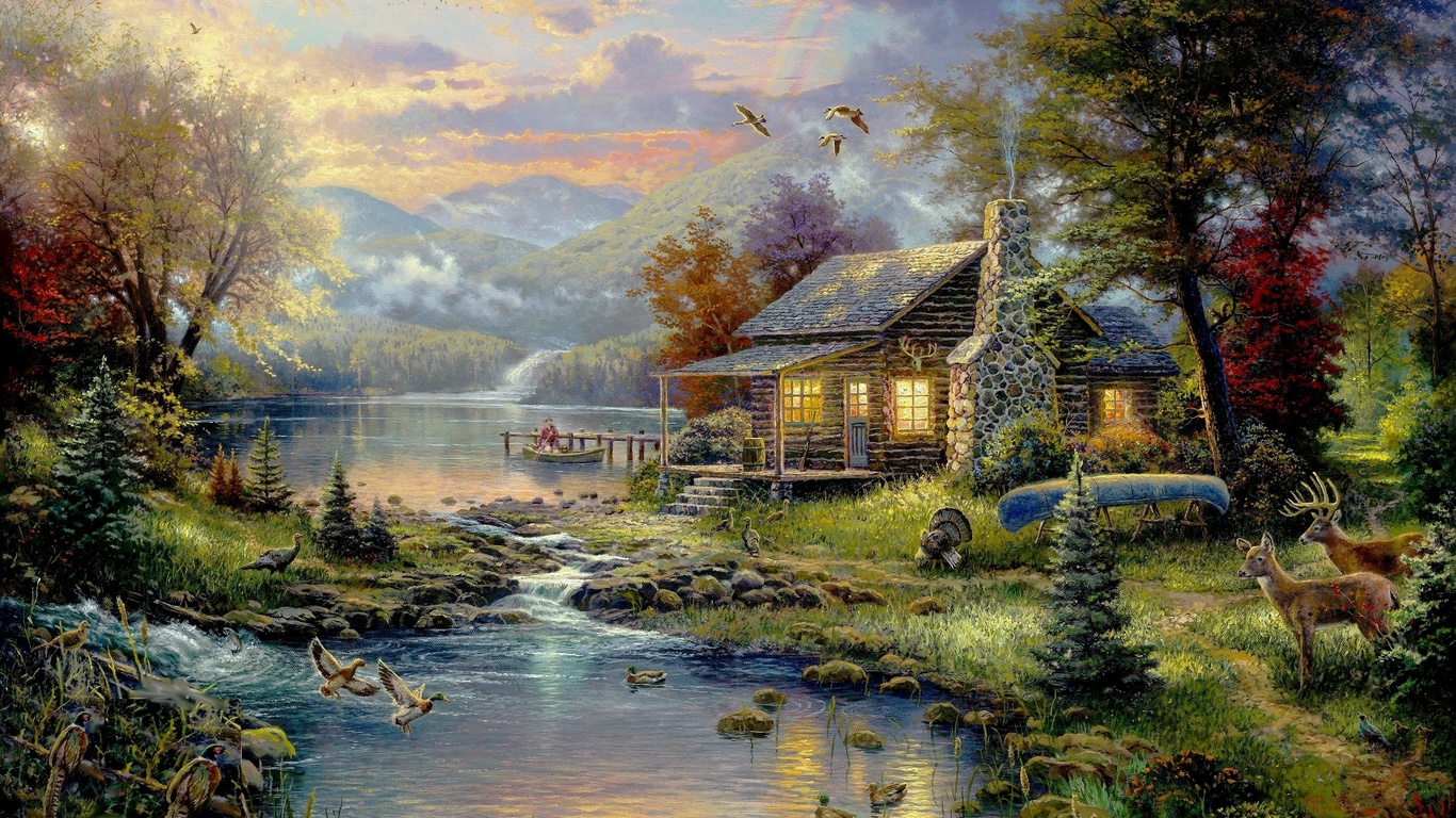 house, river, art, thomas kinkade, , nature, natures paradise, painting, forest