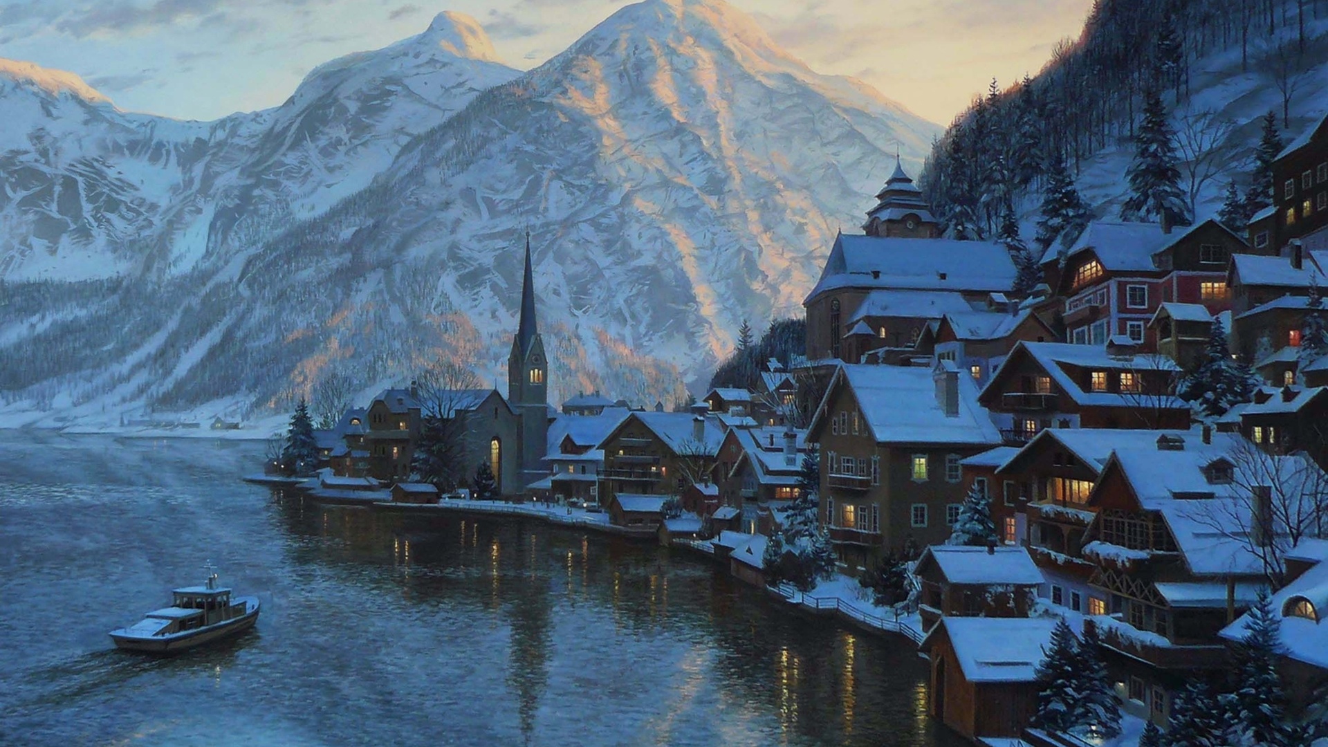 mountain, Eugeny lushpin, lushpin, painting, lake, austria, alps, village, town, hallstatt