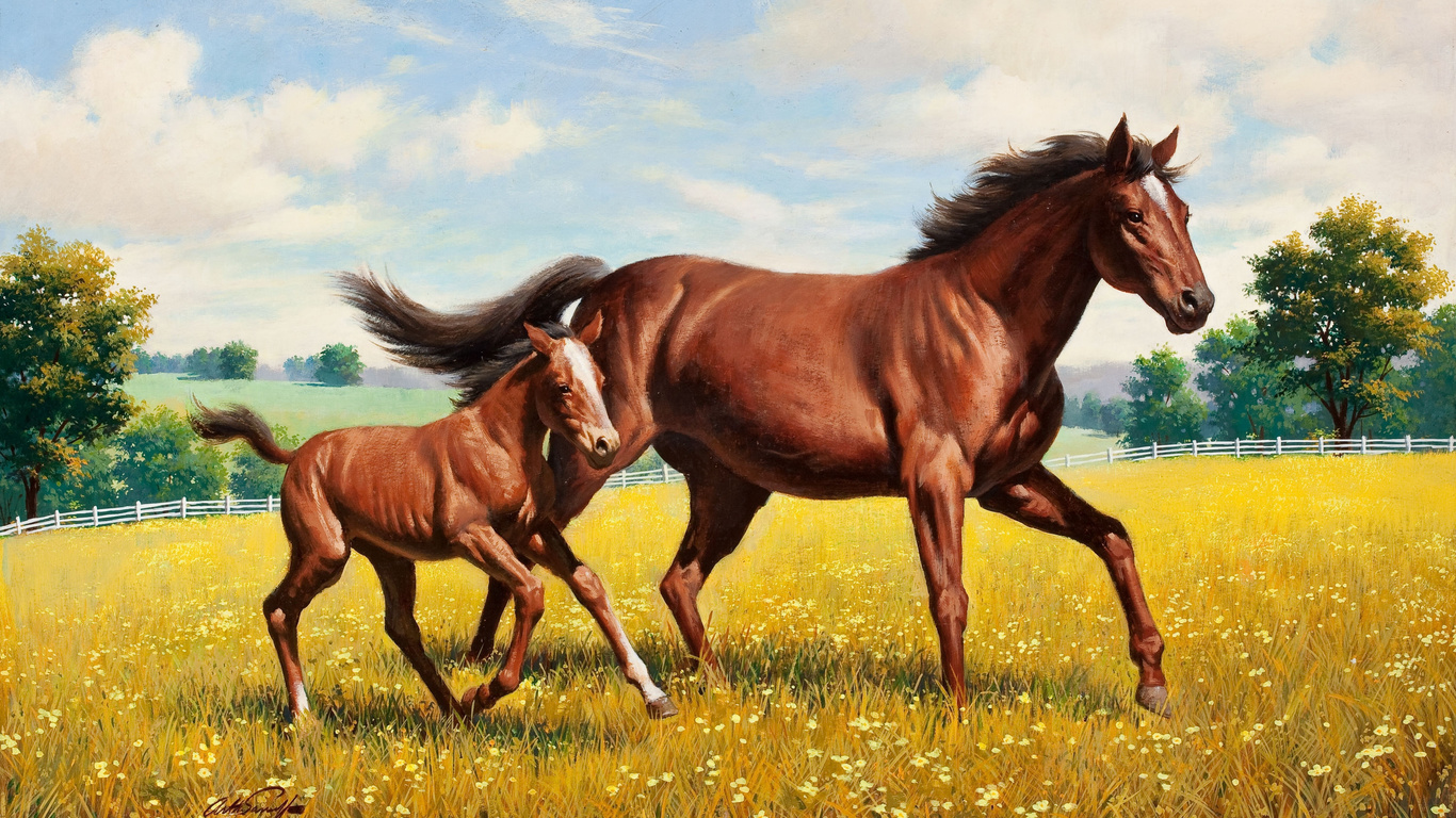 Arthur saron sarnoff, живопись, жеребёнок, луг, лошадь
