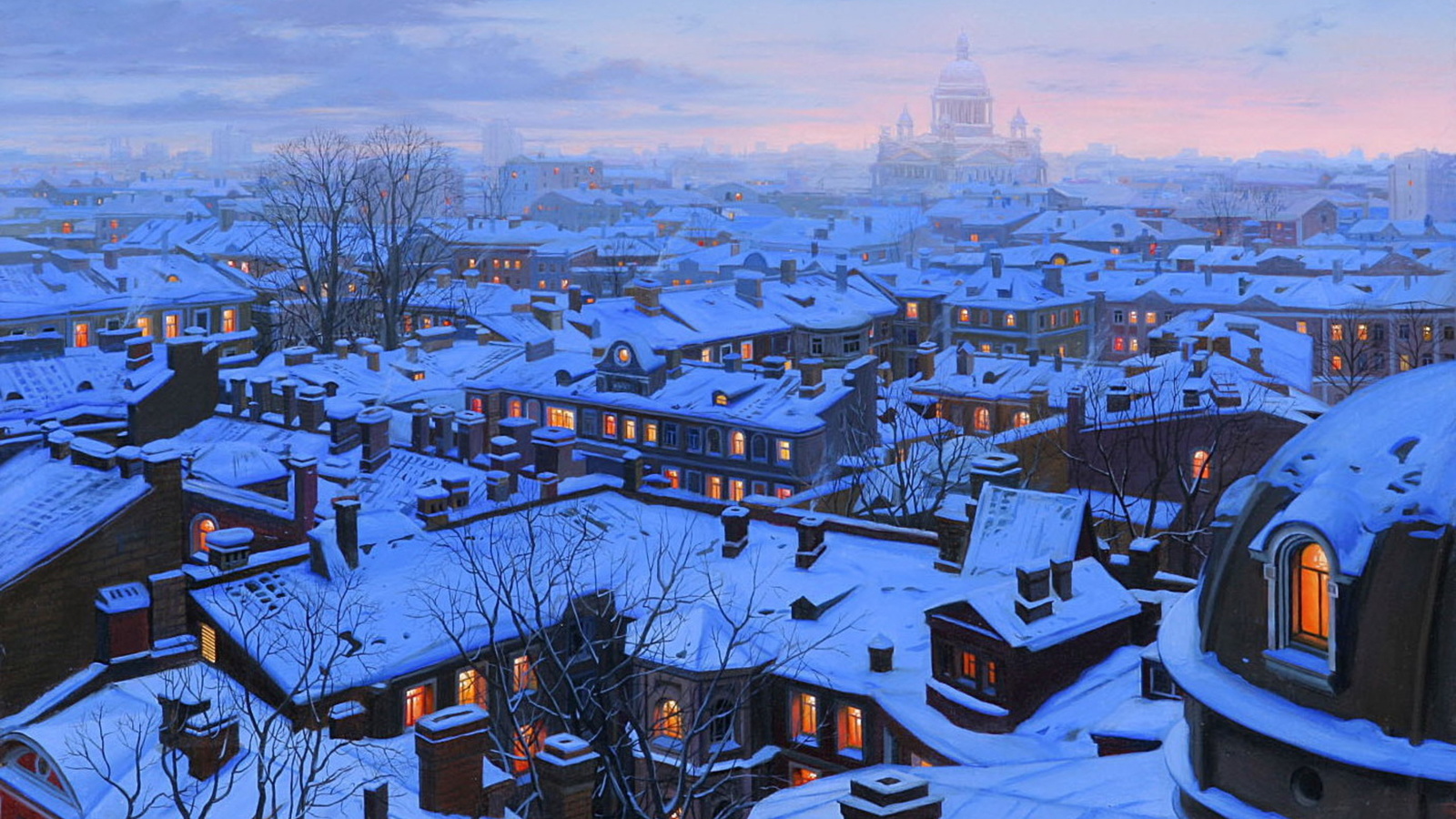 houses, roofs, st petersburg, st petersburg roofs, Eugeny lushpin, snow, winter, evening