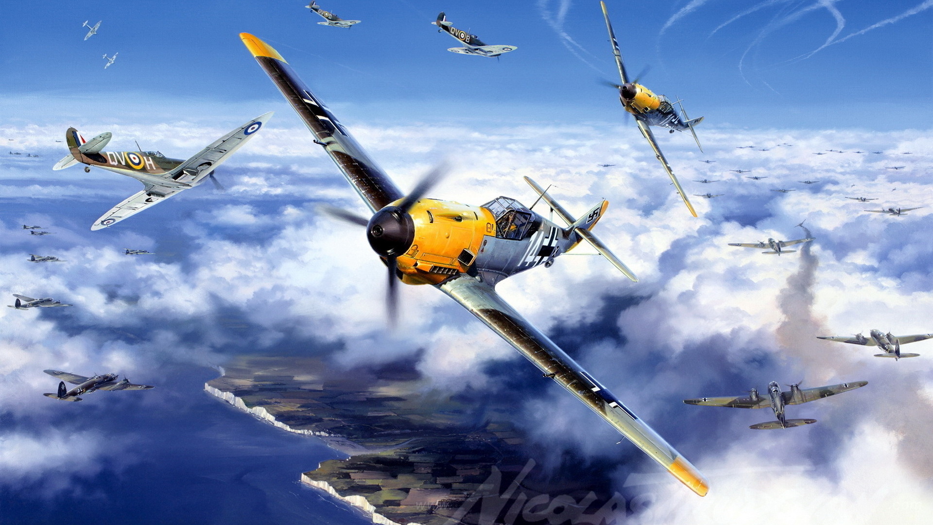 bf-109, Messerschmit, me-109, bf.109, spitfire, mk ia, x4179, qv-h, unwin, 19 sqn, 1940, battle of britain, messerschmitt