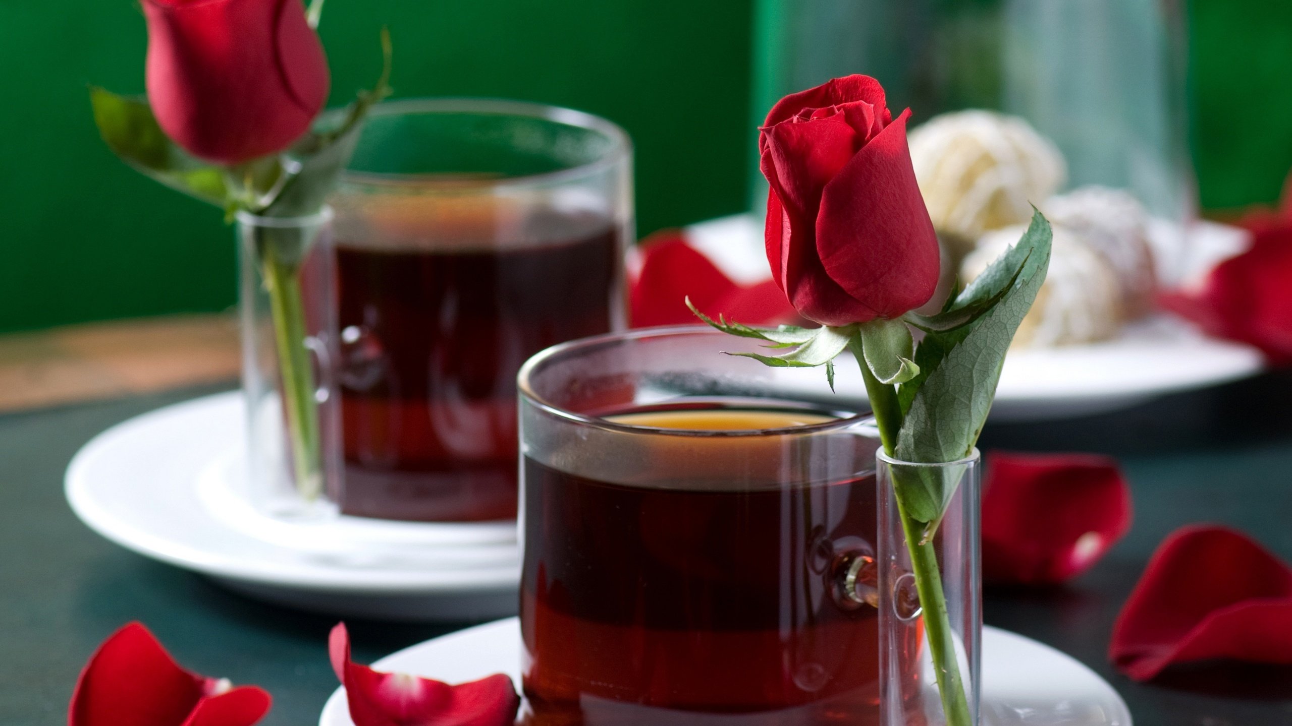 roses, tea, nice, drink, elegantly, romance, gentle, petals, love, rose, cups, Cake, harmony