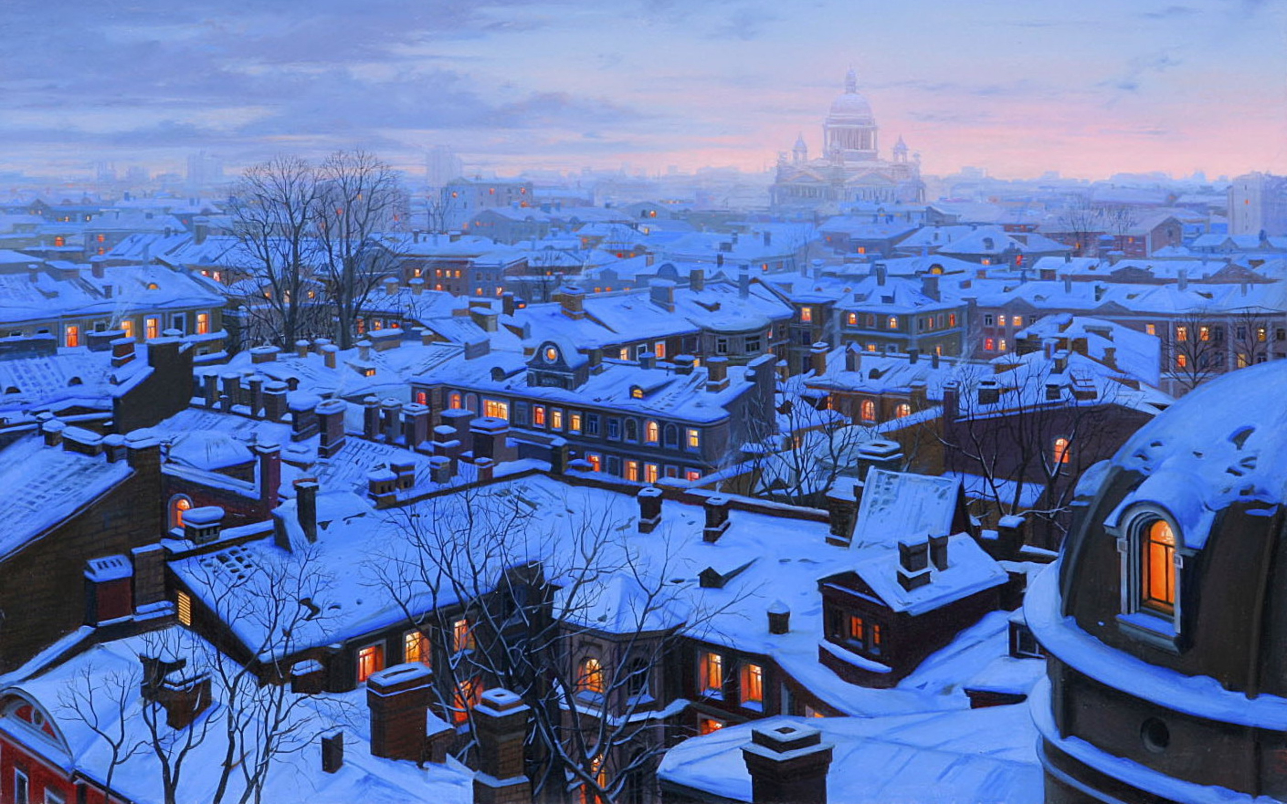 houses, roofs, st petersburg, st petersburg roofs, Eugeny lushpin, snow, winter, evening