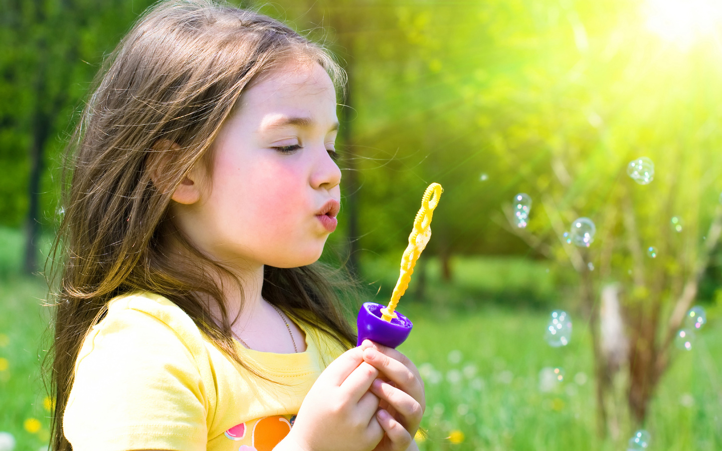 beautiful, grass, little girl, playing, nature, cute, spring, bubbles, happiness, Blonde, lovely
