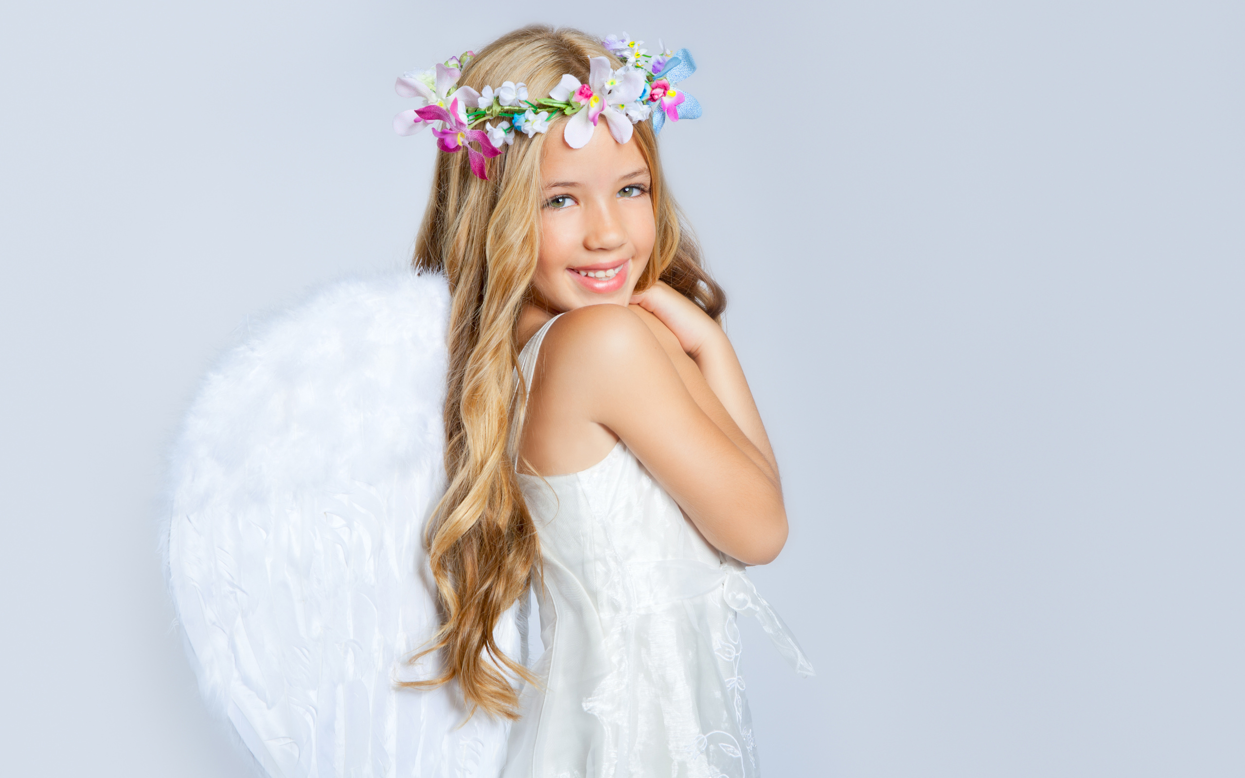 wings, children, happiness, angel, Beautiful little girl, crown of flowers, childhood, child