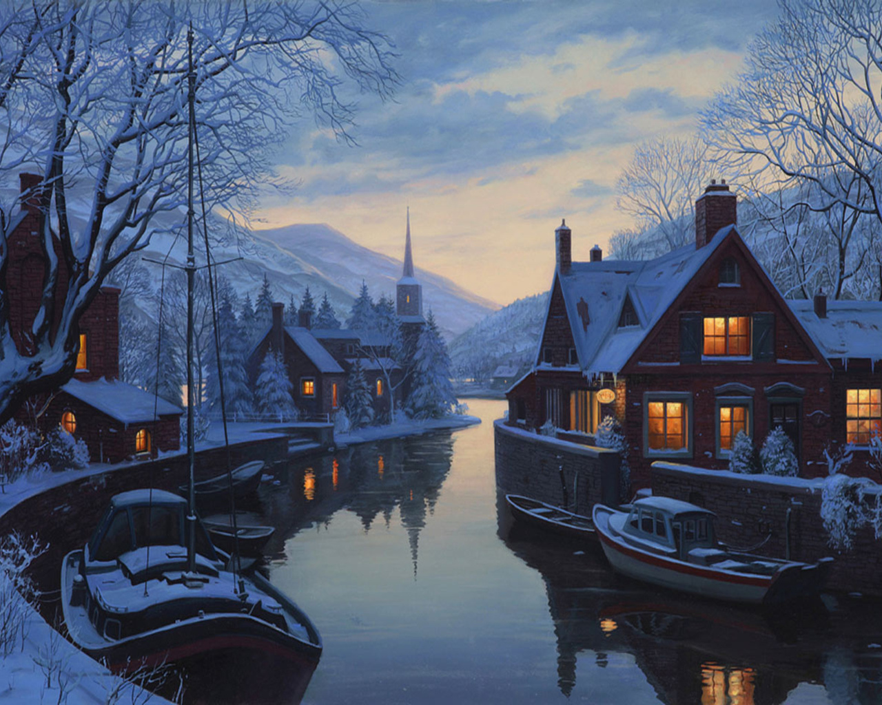 An old inn by the river, painting, winter, chapel, eugeny lushpin, houses, lushpin, snow, trees