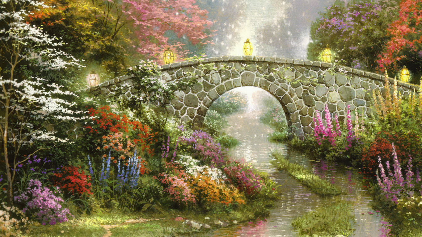 Stillwater bridge, beautiful, magic, thomas kinkade, lamps, bridge, painting, flowers, nature