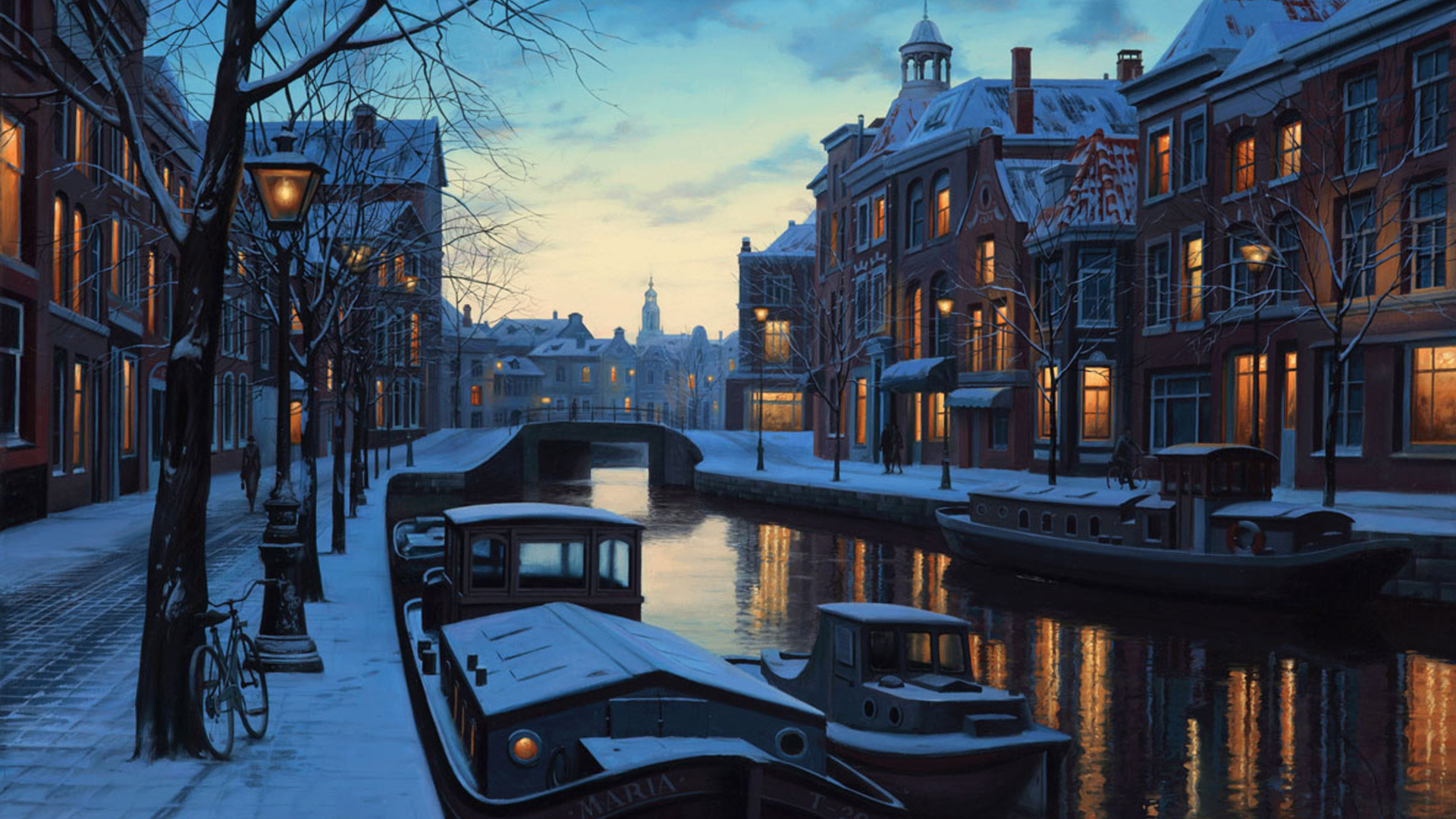 lights, painting, boats, netherlands, amsterdam, Winter twilight, holland, evening, eugeny lushpin