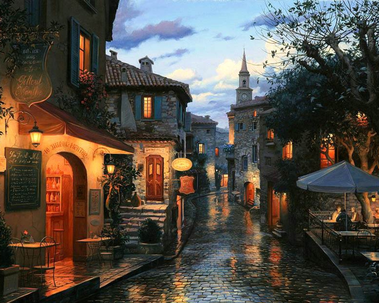 Magic evening, cafe, umbrellas, tables, evening, eugeny lushpin, painting, houses, street, bar