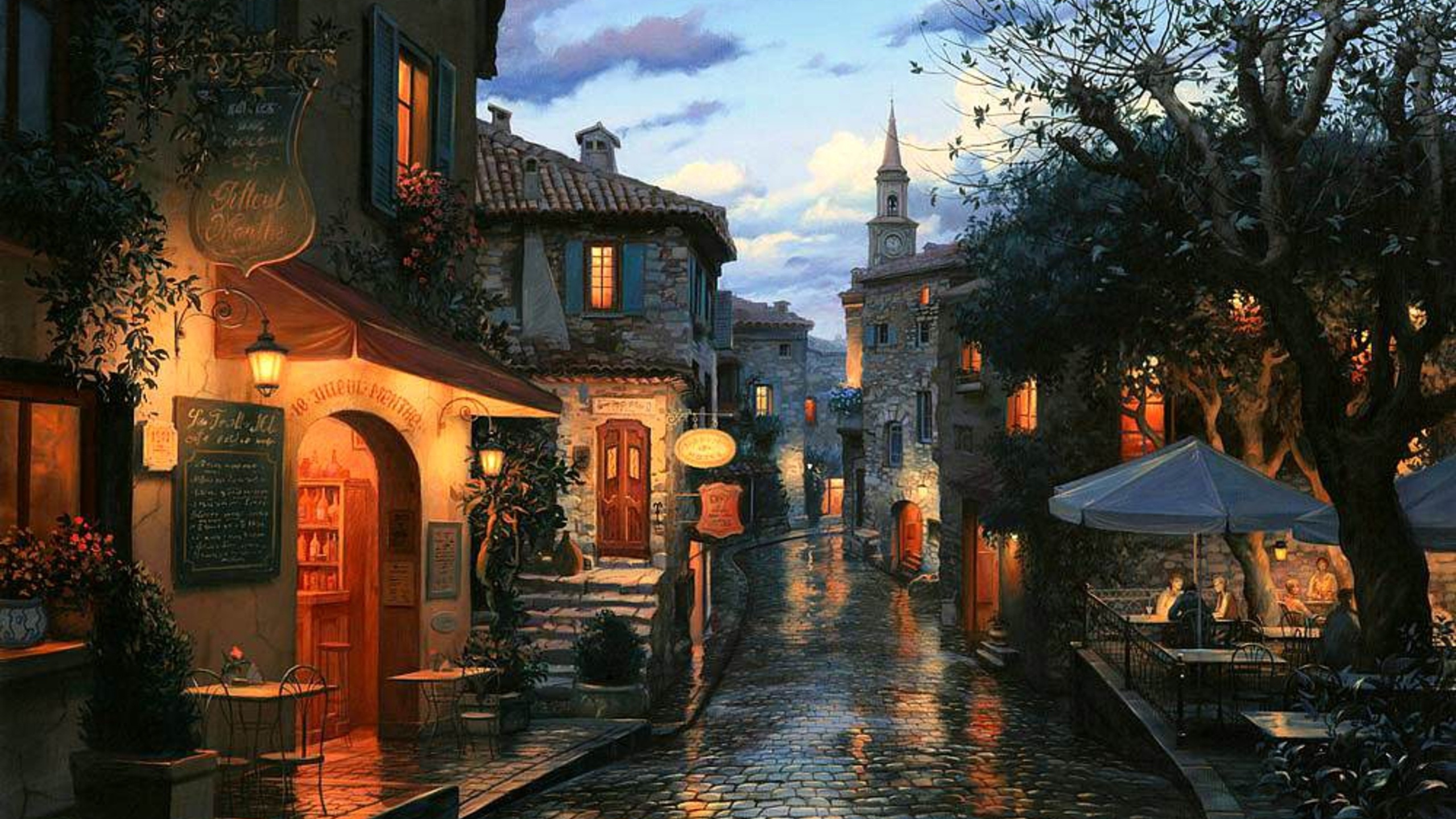 Magic evening, cafe, umbrellas, tables, evening, eugeny lushpin, painting, houses, street, bar