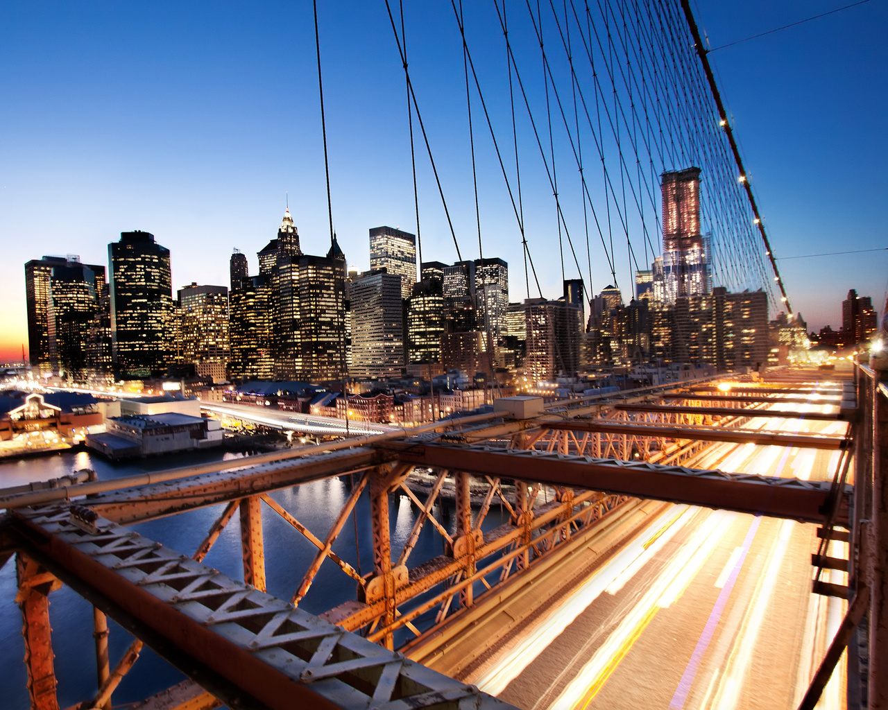 , usa, nyc, New york, -, brooklyn bridge, sunset, financial district