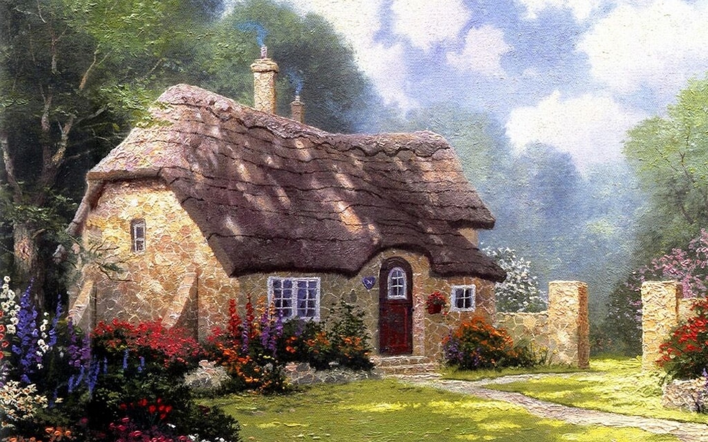 Cottage in the forest, cottage, summer,  , thomas kinkade, painting, ,