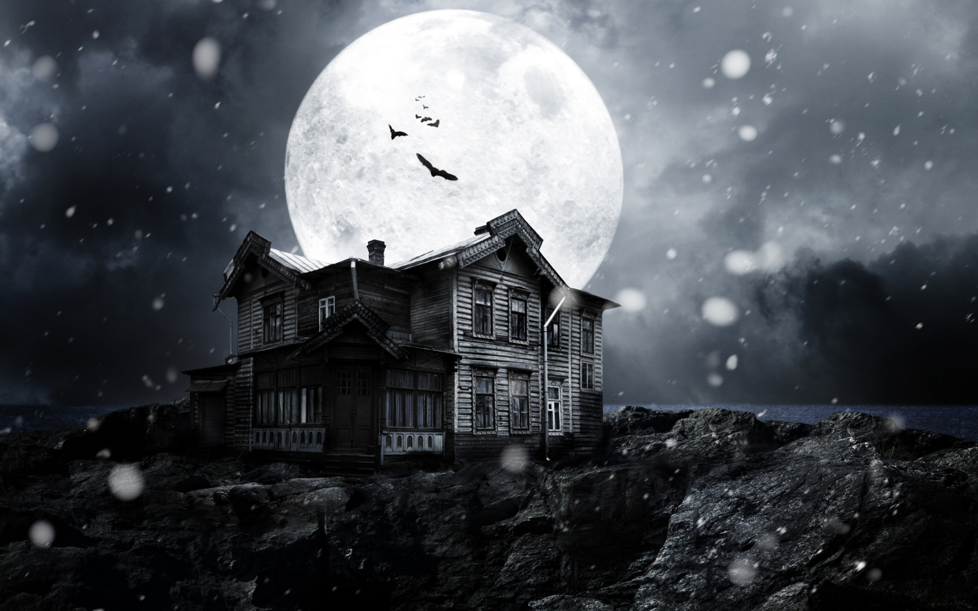 Haunted house, night, full moon, moonlight, bats, midnight, creepy, moon, snow