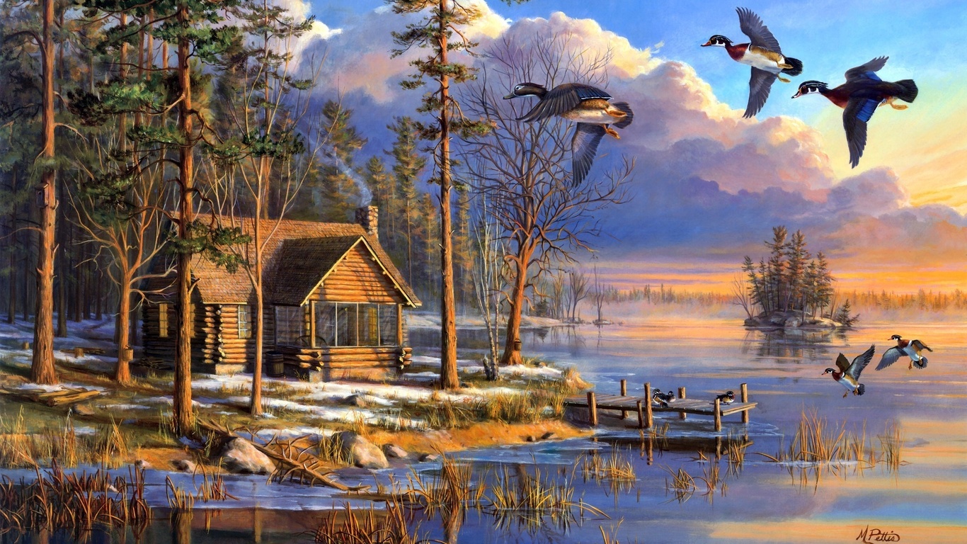 mary pettis, flying, Spring arrivals, sunrise, spring, lake, forest, house, painting, ducks