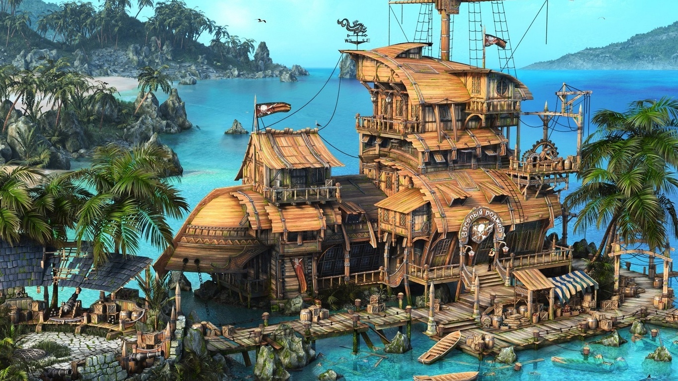 sea, Pirates, boats, rendering,  , ship, the caribbean