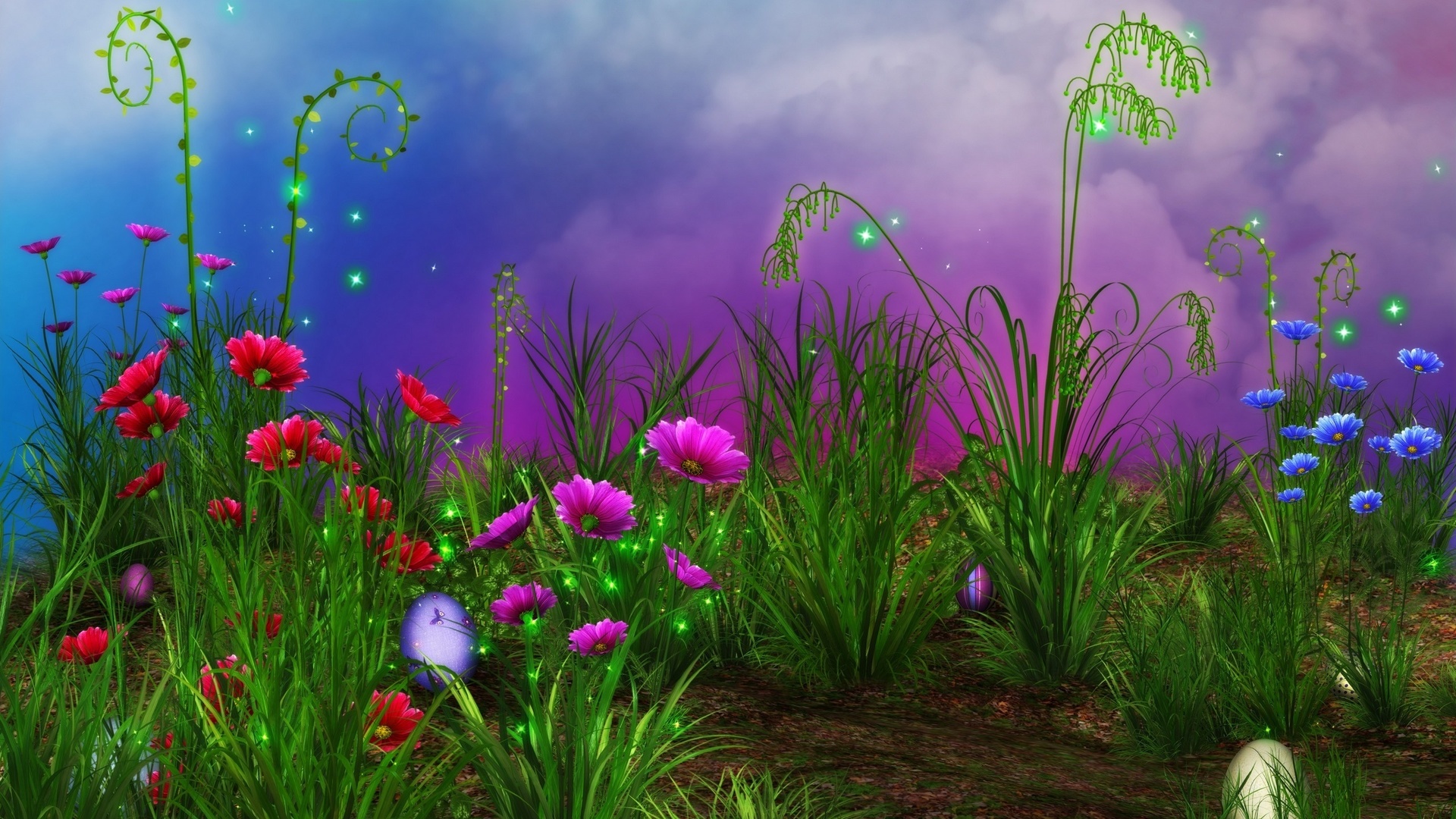 flowers, sparkes, grass, rendering, , , ,  