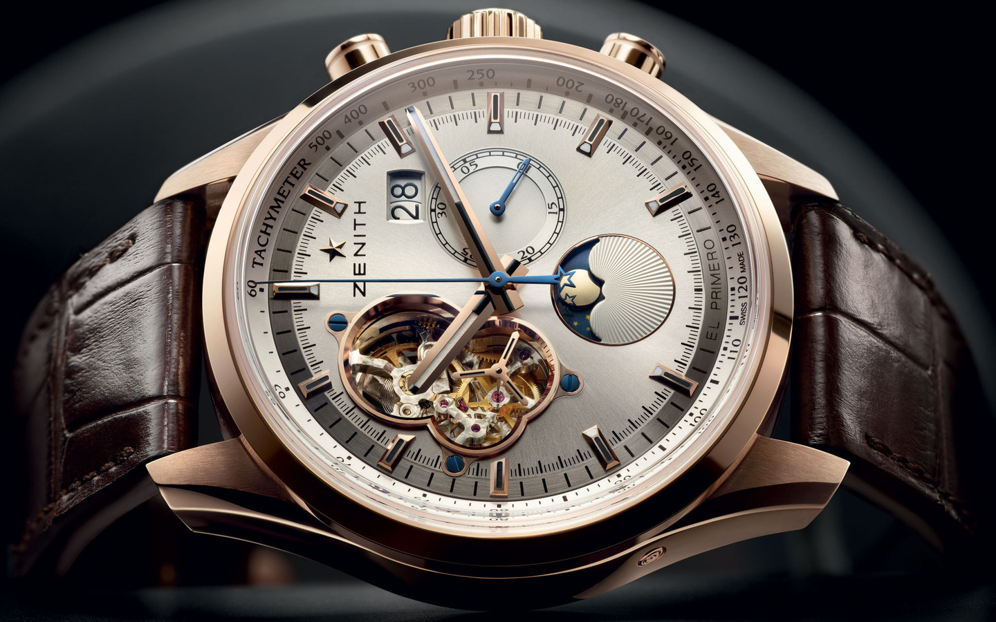 date, rose, sunpahse, el - primero, gold, chronomaster, moon, open, zenith, , grande