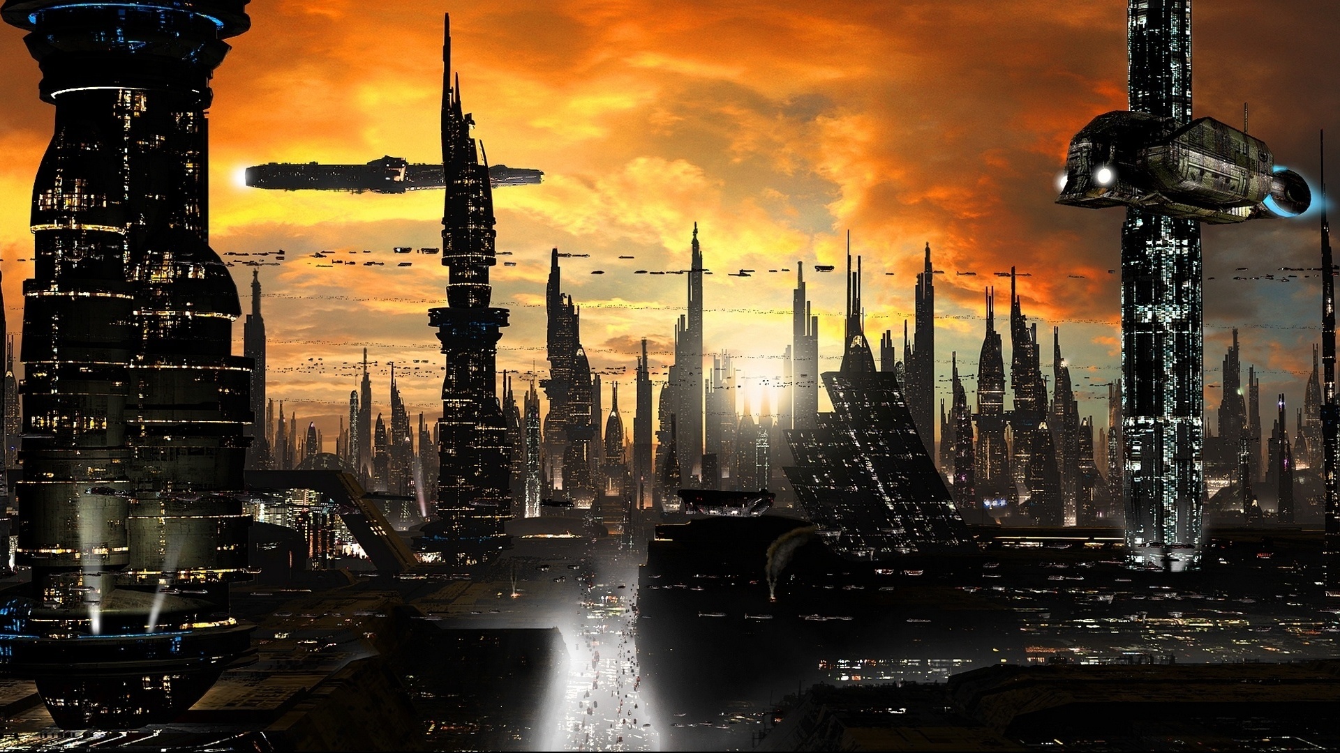 sci-fi, rich35211, scott richard, cityscape, ships, towers, planet, Futuristic city 1