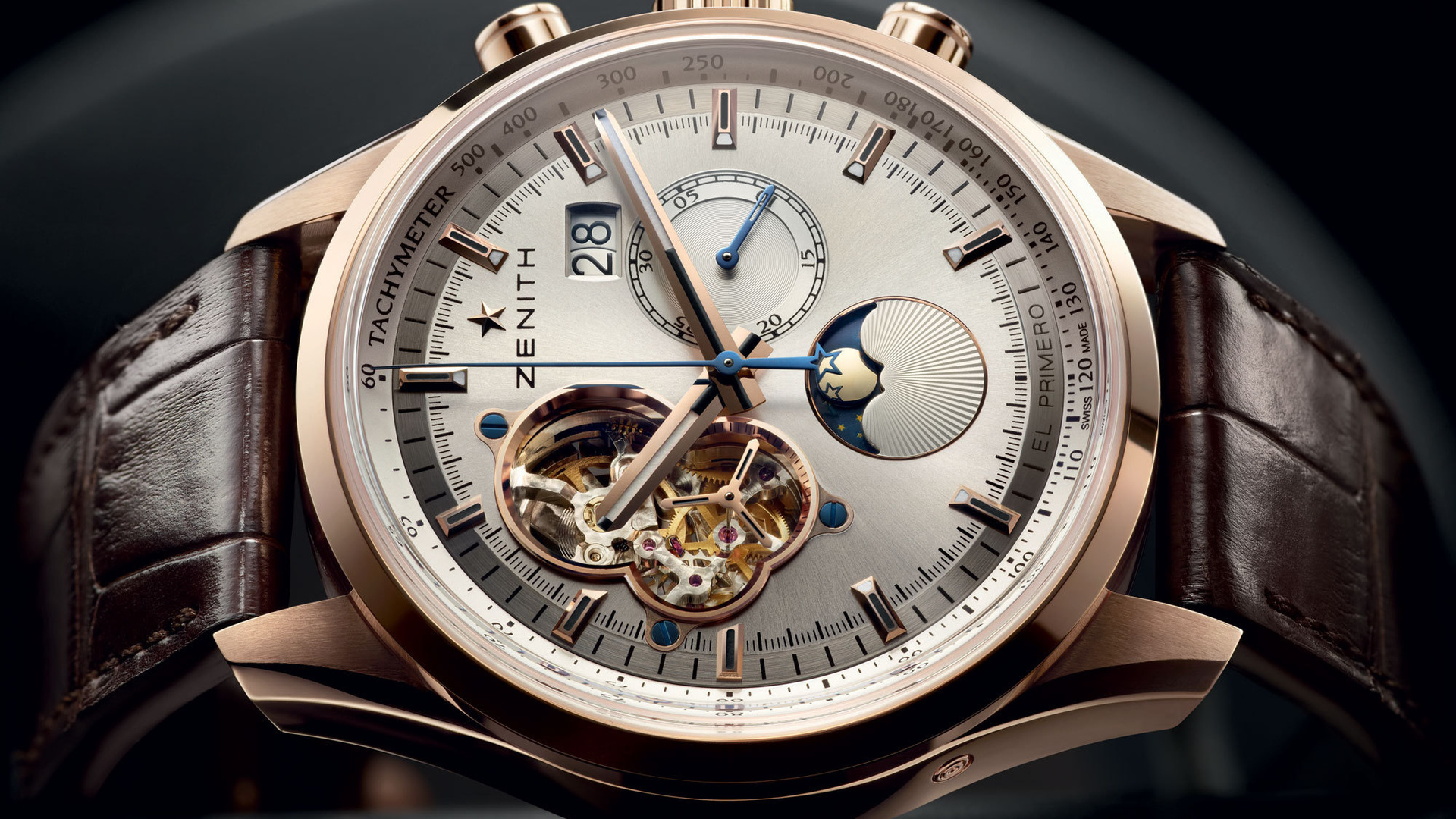 date, rose, sunpahse, el - primero, gold, chronomaster, moon, open, zenith, , grande